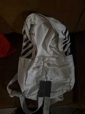 Off-White White Backpack with Black Stripes need a cleaning. booksack bookbag